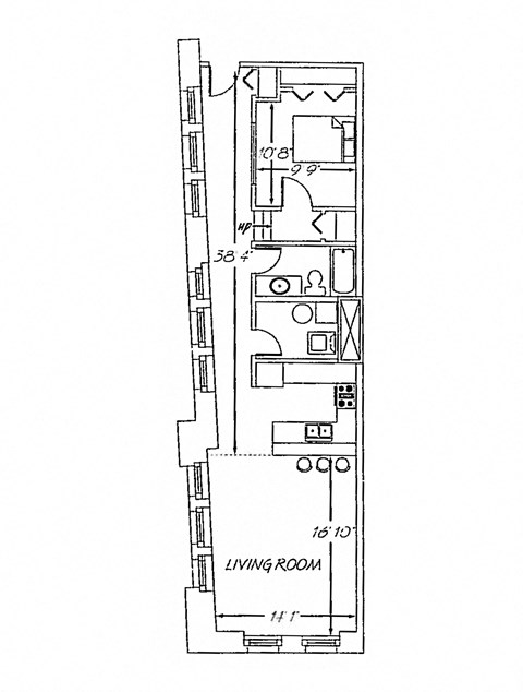 Floor plan for 1 bed, 1 bath, 795 sqft